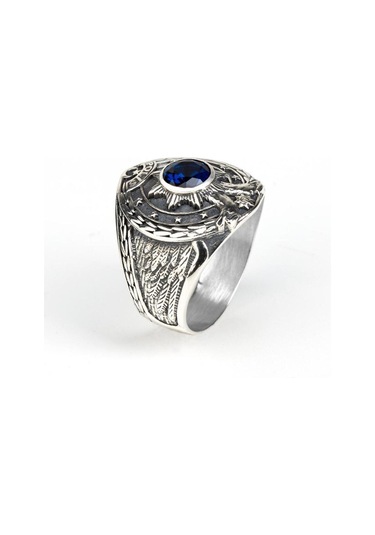 Çift Başlı Kartal Motifli Ay Yıldız Detaylı Mavi Taşlı 925 Ayar Gümüş Polis Yüzüğü