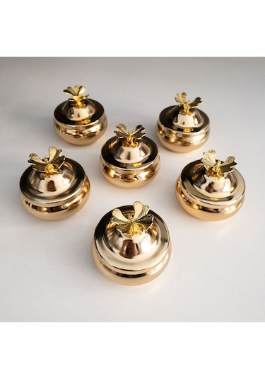 6'lı Gold Kelebekli Tombik Lokumluk, Çay Ve Kahve Yanı Sunumluk, Şekerlik, Drajelik Gold