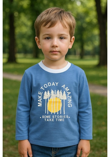 Erkek Çocuk %100 Pamuk Baskılı Uzun Kollu Tişört - Mavi 3-4 Yaş 8-9 Yaş Mavi