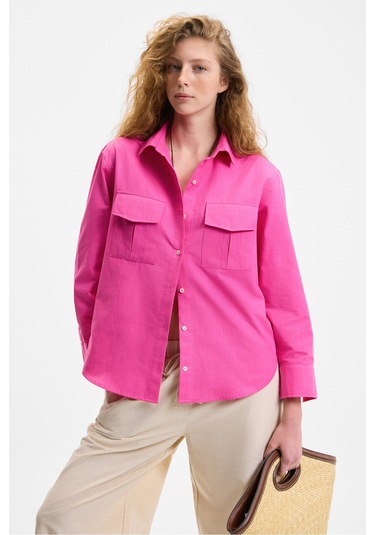 RIGO Kadın Gömlek Yaka Uzun Kol Regular Uzun İnce Fuşya Gömlek