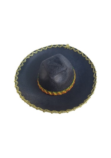 Meksika Mariachi Latin Şapkası Lüks 41cm Siyah Zemin Üstüne Altın Sim Kenarlıklı Parti Kostümü