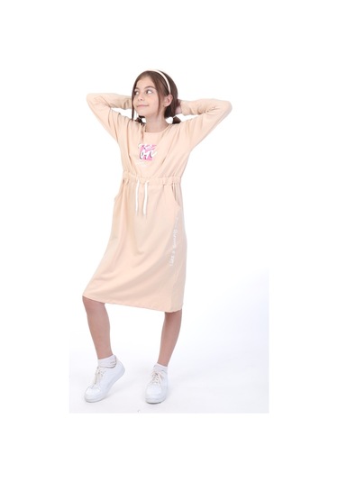 Toontoy Kız Çocuk Neon Baskılı Elbise Bej