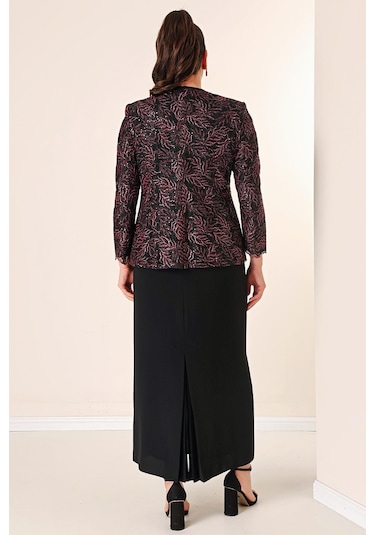 Yakası Boncuk Nakışlı Uzun Elbise Boncuk Pul Nakışlı Ceket Astarlı Büyük Beden 2'li Takım-35341-bordo Bordo