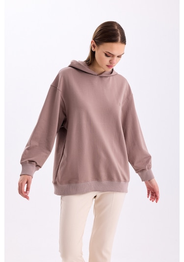 Pastelastore Pamuklu Kapüşonlu 2 İplik Baharlık Oversize Sweatshirt Vizon