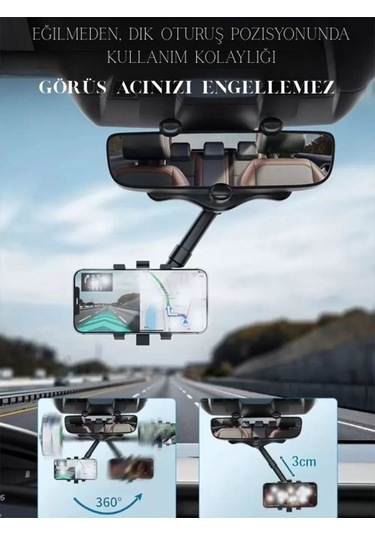 Araç İçi Telefon Tutucu Uzunluk Ve Açı Ayarlı Dikiz Aynası Kolay Kurulum Tüm Cep Telefonları Uyumlu