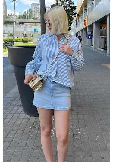 Madmext Mavi Çizgili Over Fit Gömlek Mg1525 Mavi