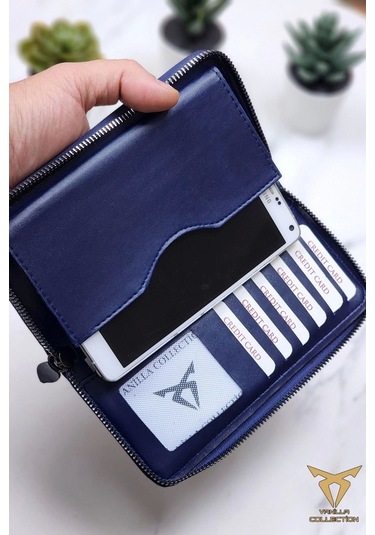 Xclub Model Unisex Telefon Bölmeli El Geçmeli Kordonlu Deri Portföy Kartlık Uzun Cüzdan Lacivert Siyah