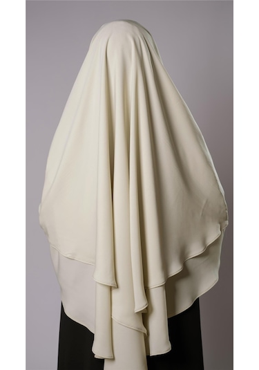 Ekru Pratik Hazır Geçmeli Tesettür Eşarp Medine İpeği Bağcıklı Çift Katlı Sufle Hijab 2302 27
