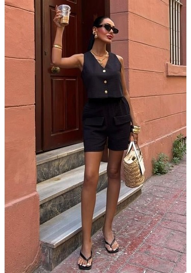 Mini Yelekli Şortlu Keten Takım 10176-08 Si Yah