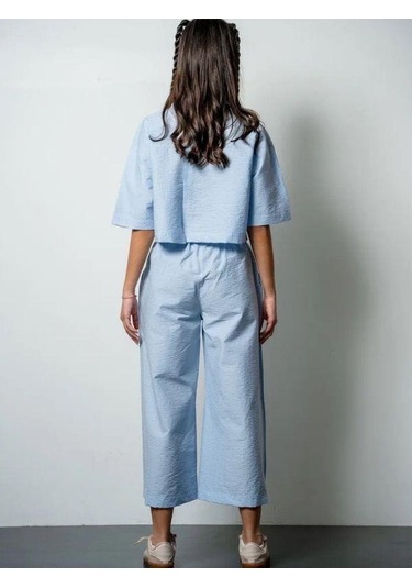 Kız Çocuk Crop Gömlek Poplin Pantolon Takım-15793 Mavi