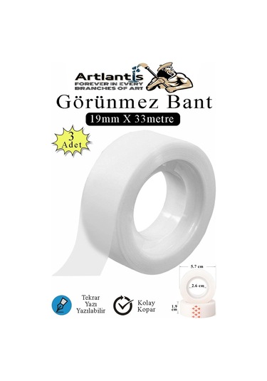 Görünmez Bant 19x33 Metre 3 Adet Şeffaf Görünmez Bant Aydınger Yazılabilir Mat Bant Büro Bandı Selefon Bant 3 Adet