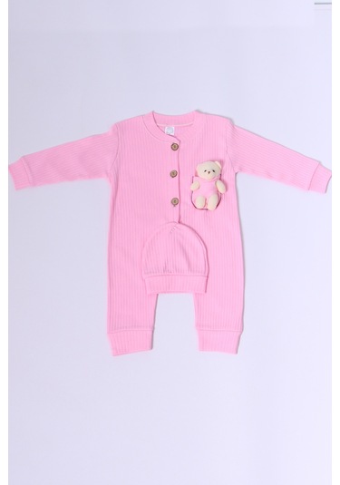Hçm Bebek Tulum Şapka Hediyeli Düğmeli Ayıcık Detaylı C32 Pembe