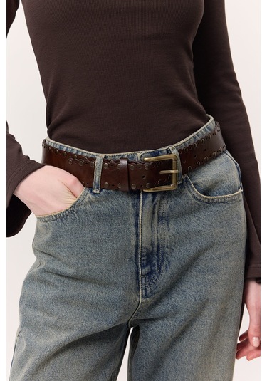 Zımbalı Geniş Tokalı Kemer Kahverengi Kahverengi