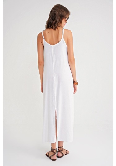 4742 Kadın İp Askılı Büzgü Detaylı Midi Elbise Beyaz Beyaz