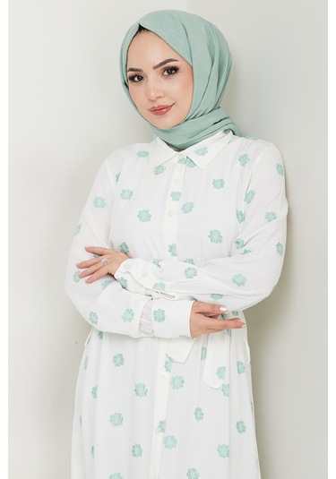 Anif Çiçek Desen Kemerli Elbise 1554 - Mint Mint