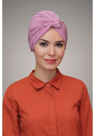 Gül Kurusu Pratik Dolama Tesettür Bone Sandy Kumaş Boncuklu 1870_ Gülkurusu