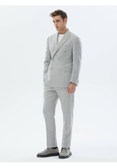 Kip Açık Gri Çizgili Modern Fit Yün Karışımlı Takım Elbise Çok Renkli