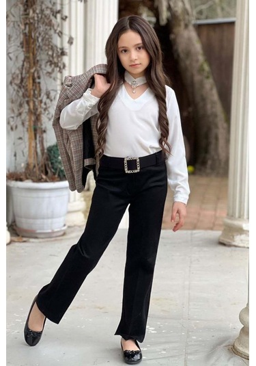 Riccotarz Kız Çocuk Yakası Açık Ve Taş Detaylı Bluz Ekose Çizgi Blazer Ceket Kemerli Siyah Alt Üst Takım Siyah