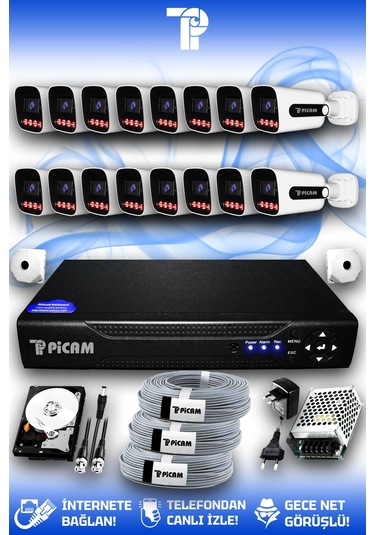 Picam 16 Kameralı Zebra 16 Dış Kamera Set 250 Gb 5 Mp 2k Net Gece Görüşlü Güvenlik Kamerası Sistemi