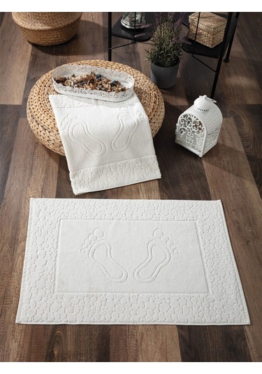 2'li Ayak İzli Havlu Paspas - %100 Pamuk Ayak Havlusu Ekru