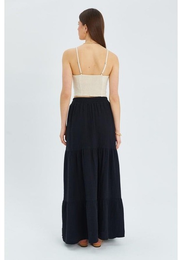 4567 Kadın Fırfırlı Uzun Müslin Etek Siyah Siyah