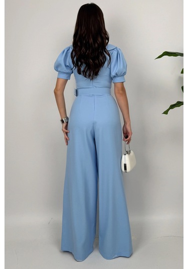 Firenze Kadın Mavi Düğmeli Kemer Detaylı Bol Paça Tulum Zarif Akşam Şıklığı Mavi