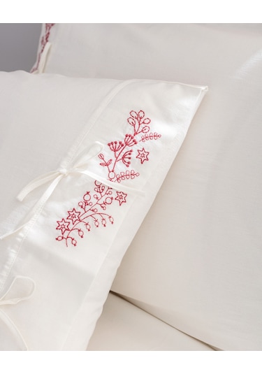 Madame Coco Relief Çift Kişilik %100 Pamuk Bağlamalı Nevresim Takımı - Ekru/kırmızı Çok Renkli