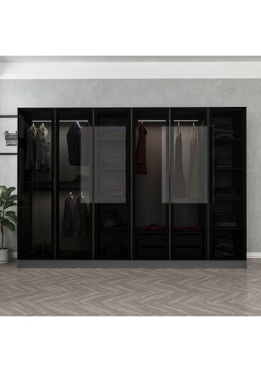 Minar Mobilya Minar Kale 6 Cam Kapaklı 2 Çekmeceli Gardırop Antrasit - Siyah