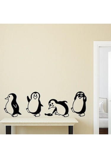 Penguen Dekoratif Duvar, Kapı, Merdiven Süsü Sticker Etiket 4'lü Siyah