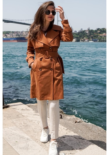 Pastelastore %100 Pamuk Gabardin Midi 95cm Astarlı Kemerli Kadın Trençkot 1113 Taba