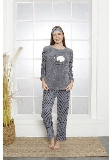 Kadın Uzun Kollu Cepli Gül Polar Pijama Takımı M01861 Füme