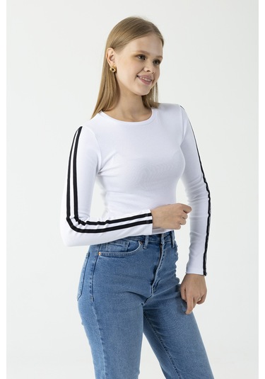 Giysa Kadın Bisiklet Yaka Kolu Biyeli Basic Body Beyaz - Ms0001276 Beyaz