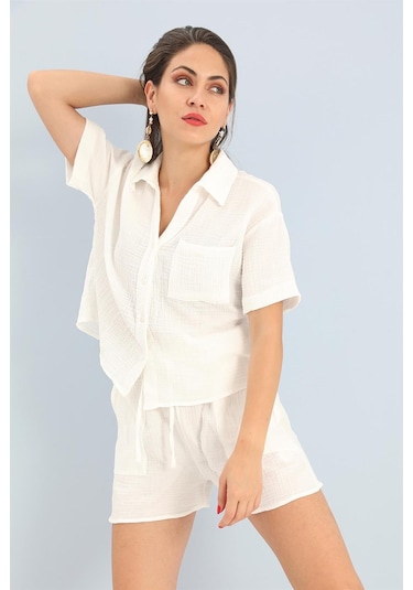 Takım Müslin Gömlek Şort - Ekru-ekru Ekru