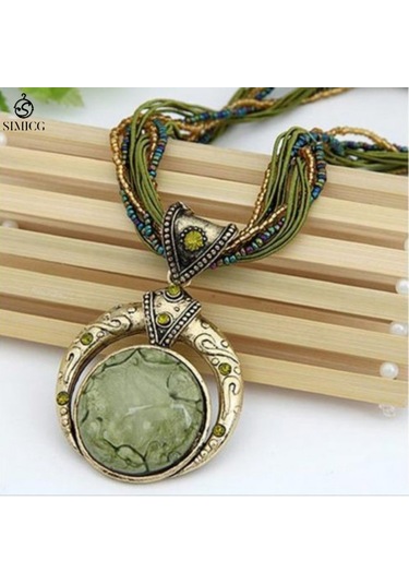 El Dokuması Bohem Pirinç Boncuklu Retro Etnik Tarzda Yuvarlak Değerli Taş Kolye Yeşil