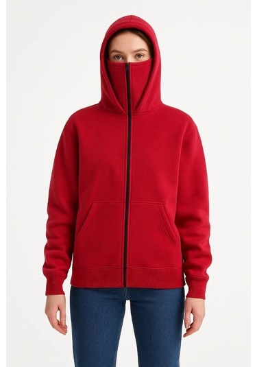 Kadın Samuray Ninja Çift Kapşonlu Zıp Fermuarlı Kanguru Çepli Hoodie Maske Detaylı Swetshirt - Kırmı Kırmızı