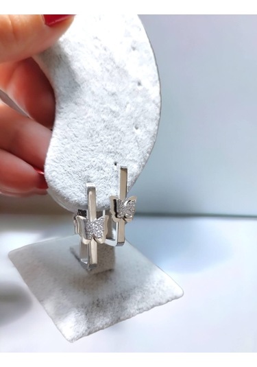 316l Çelik Kelebek Model Zirkon Taşlı Kadın Küpe Gümüş Renk Kararmaz Çelik