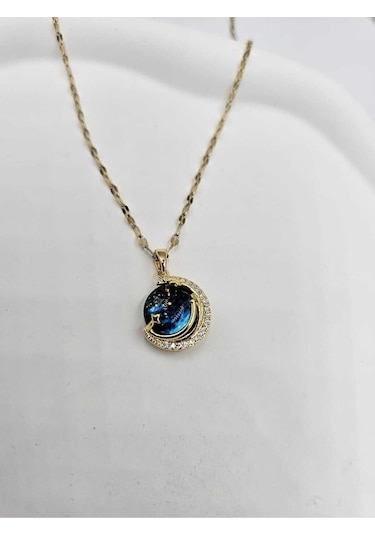 Altın Kaplama Zirkon Taşlı Gökyüzü Çelik Kolye Altın