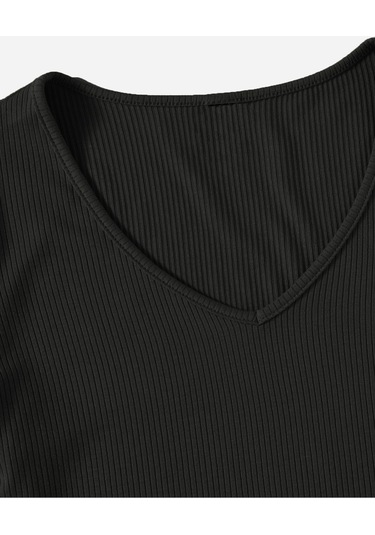 V Yaka Siyah Renk Fitilli Kısa Kollu Regular Crop Top Bluz Siyah