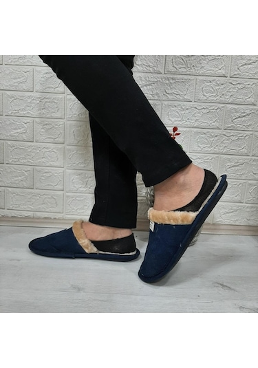 Ucc Lacivert İçi Kürklü Ev İçi Tüylü Misafir Terliği 001