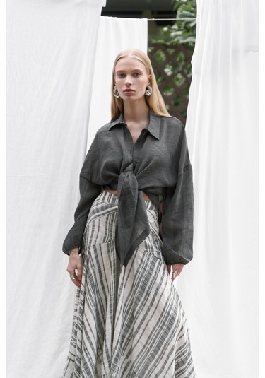 Peigi Çizgili Parçalı Siyah Midi Etek Siyah