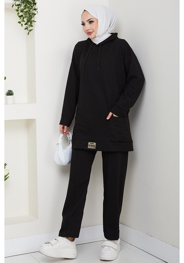 Çift Cepli Kapüşonlu İkili Takım 1663 - Siyah Siyah
