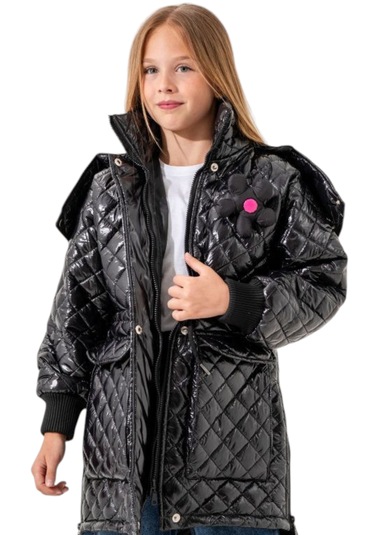 Kız Çocuk Kapitone Model Kapüşonu Çıkabilen İçi Astarlı Etek Kısmı Fermuarlı Parlak Siyah Renk Mont Siyah