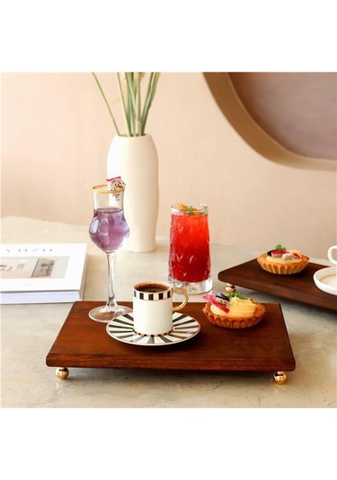 Akayev Ahşap 35x23 Cm Gold Altın Boncuk Ayaklı Sunum Tabağı Beyaz