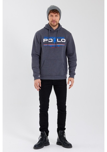 Polostate Erkek Kapüşonlu Baskılı 3 İplik Sweatshirt Antrasit