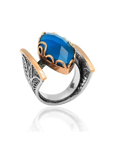 Akuamarin Taşlı Sarmaşık Model Telkari Gümüş Yüzük - 512675266