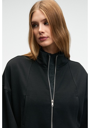 VIVETY Kadın Dik Yakalı Metal Fermuarlı Korse Görünümlü Bele Oturan Regular Siyah Ceket