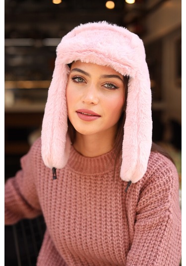 Çıtçıtlı Kürklü Kulaklıklı Peluş Bere Şapka Rkş-03 Pudra Pudra