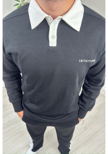 Explode - Erkek Siyah Polo Yaka Baggy Çizgili Günlük Takım Siyah