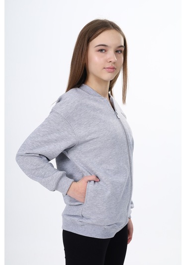 Toontoy Kız Çocuk Kolej Yaka Fermuarlı Cepli Düşük Omuz Baskılı Örme Hırka - 2 İplik Şardonlu Gri Melanj