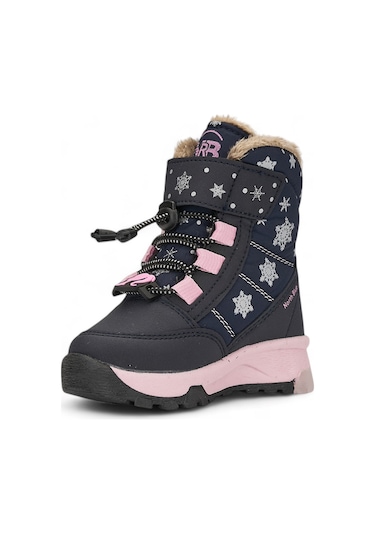 Günlük Kız Çocuk Kar Botu Cırtlı Lastik Bağcıklı Kürklü Kar Desenli Kalın Tırtıklı Taban Bootie 014 Lacivert-pudra